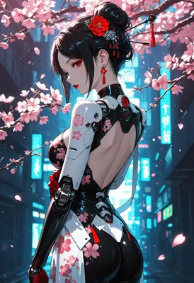 Cybernetic Beauty Under Cherry Blossoms