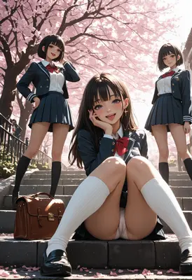 Schoolgirls Under Blooming Cherry Blossom Trees