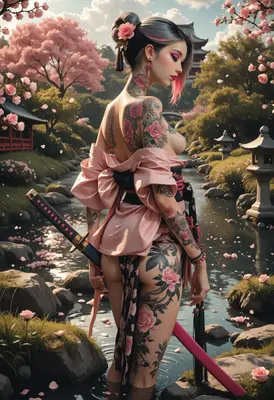 Tattooed Samurai in a Sakura Garden