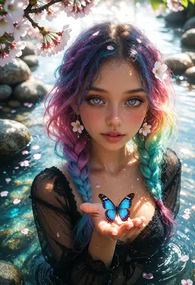 Girl with Butterfly in Cherry Blossoms
