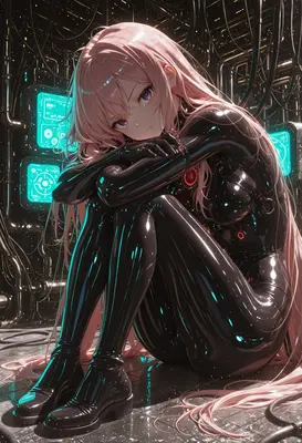 Cybernetic Girl in a Dark Server Room