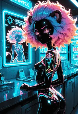 Neon Lioness in Cyberpunk Reflection