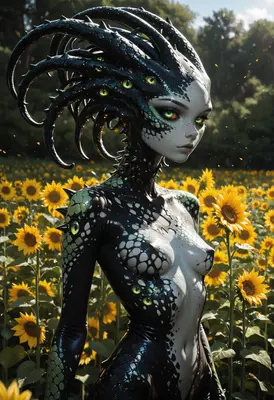 Serpentine Entity in a Sunflower Field
