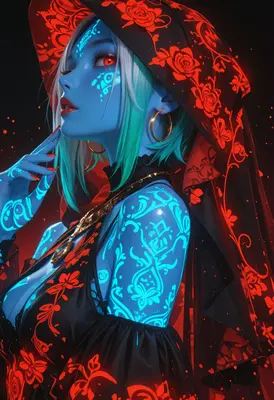 Neon Blue Sorceress in Red Roses