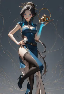 Elegant Tea Server in Blue Qipao