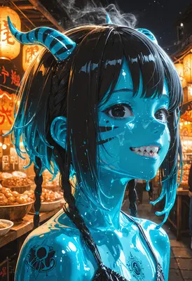 Neon Blue Slime Oni Girl