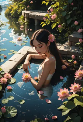 Serene Maiden Amidst Floating Lotus Flowers