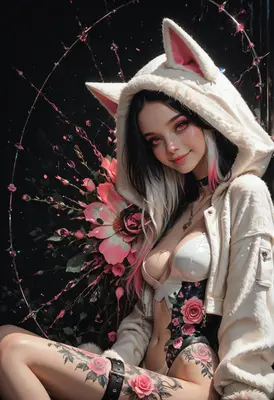 Cat Girl with Floral Rose Accents