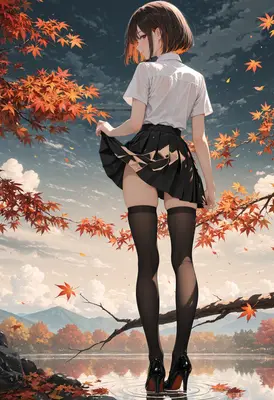 Autumn Schoolgirl Standing in Water