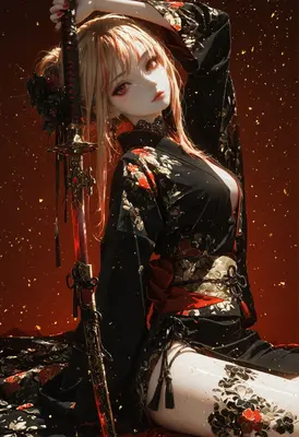 Golden Samurai Empress in Black Kimono