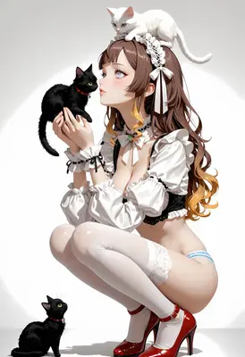 Maid with Her Playful Cats