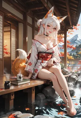Fox Girl Relaxing by the Hot Spring