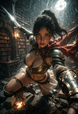 Warrior Woman Defending Ancient Library