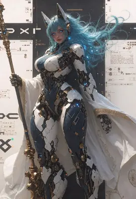 Cybernetic Priestess with Flowing Blue Hair
