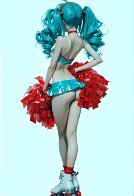 Teal Haired Cheerleader With Red Pompoms