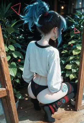 Blue Haired Girl in Greenhouse