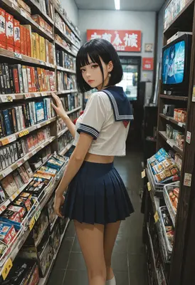 Schoolgirl browsing a vintage media shop