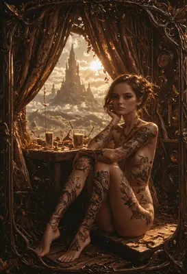 Tattooed Muse in a Golden Realm