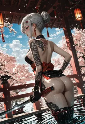 Tattooed Warrior in Cherry Blossom Pavilion