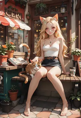 Cat Girl Relaxing at Cafe Bench