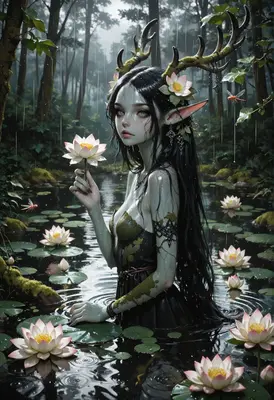 Forest Nymph in the Rainy Pond