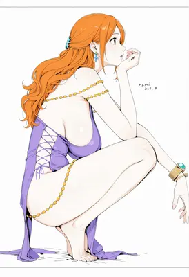 Nami Crouching in Purple Dress