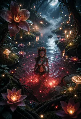 Enchanted Forest Nymph in Moonlit Pond
