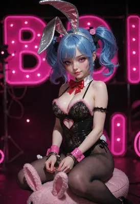 Neon Bunny Girl in Lace Lingerie
