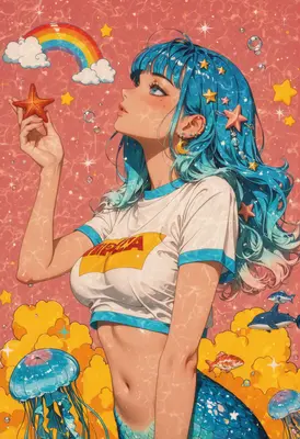 Dreamy Mermaid Under a Rainbow Sky