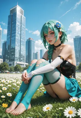 Turquoise Haired Girl in Urban Meadow