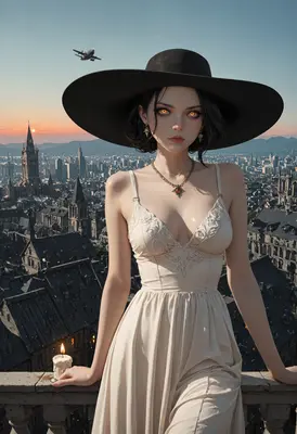 Vampire Lady Overlooking a Gothic City