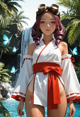 Aviator Girl by the Tropical Waterfall