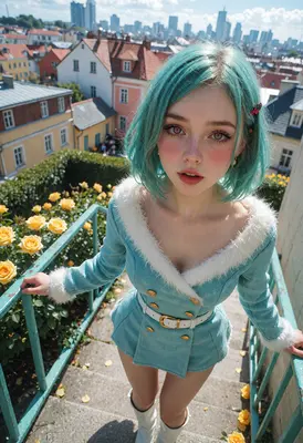 Turquoise Hair Girl in City Garden