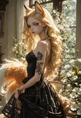Elegant Fox Girl in Floral Sunlight