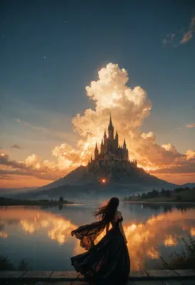 Gothic Castle Beneath Golden Sunset Clouds
