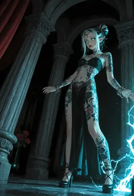 Tattooed Elf Sorceress in Dark Temple