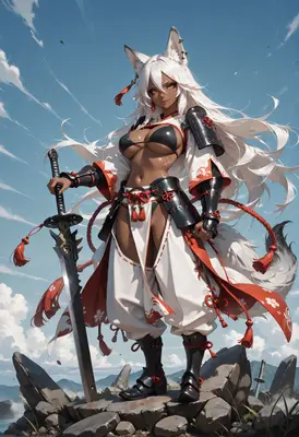 White Haired Kitsune Warrior With Katana