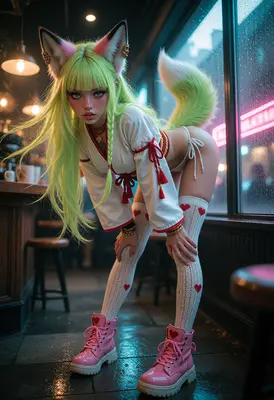 Neon Fox Girl in Cafe