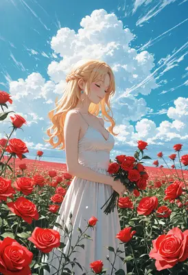 Blonde Maiden in a Rose Garden