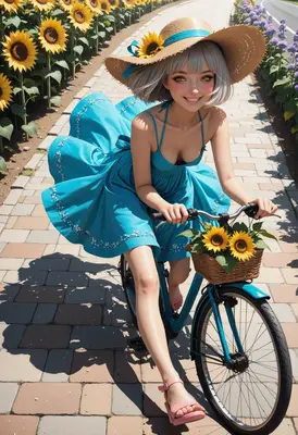 Summer Girl Cycling Through Sunflowers