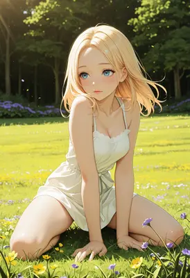 Blonde Girl Resting in Sunny Meadow