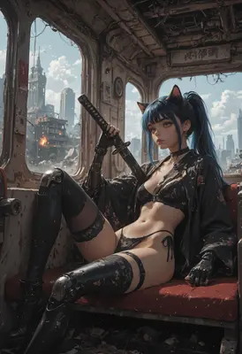 Cybernetic Catgirl in Ruined Train