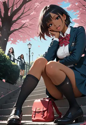Schoolgirl Resting Under Cherry Blossom Trees