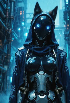 Cybernetic Cat Assassin in the Rain