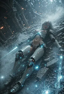 Fallen Cyborg Warrior in Ruins