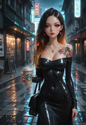 Rainy Night Stroll in Latex Dress