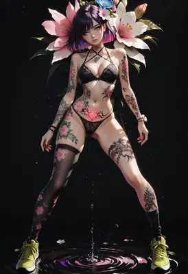 Tattooed Girl Amidst Floral Bloom