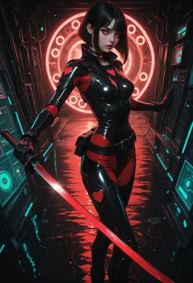 Cybernetic Heart Assassin in Neon Hallway