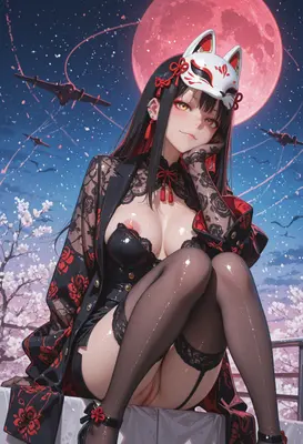 Kitsune Masked Maiden Under Crimson Moon