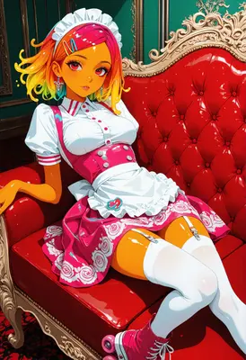 Rainbow Haired Maid on Red Couch